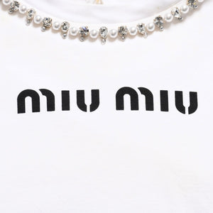 極美品 MIU MIU ミュウミュウ クリスタル クロップド 長袖 Tシャツ MJL816 ストライプ ラインストーン ライトブルー XSサイズ 中古 4a004813