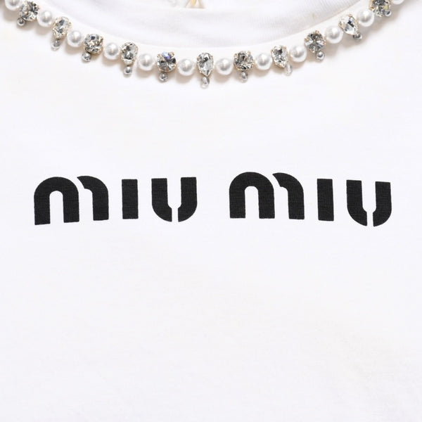 極美品 MIU MIU ミュウミュウ クリスタル クロップド 長袖 Tシャツ MJL816 ストライプ ラインストーン ライトブルー XSサイズ 中古 4a004813