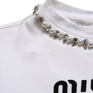 極美品 MIU MIU ミュウミュウ クリスタル クロップド 長袖 Tシャツ MJL816 ストライプ ラインストーン ライトブルー XSサイズ 中古 4a004813