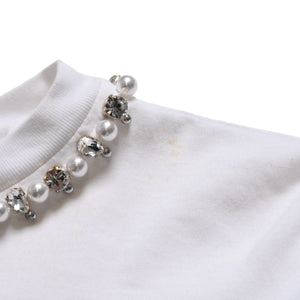 極美品 MIU MIU ミュウミュウ クリスタル クロップド 長袖 Tシャツ MJL816 ストライプ ラインストーン ライトブルー XSサイズ 中古 4a004813
