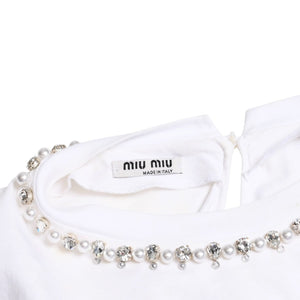 極美品 MIU MIU ミュウミュウ クリスタル クロップド 長袖 Tシャツ MJL816 ストライプ ラインストーン ライトブルー XSサイズ 中古 4a004813