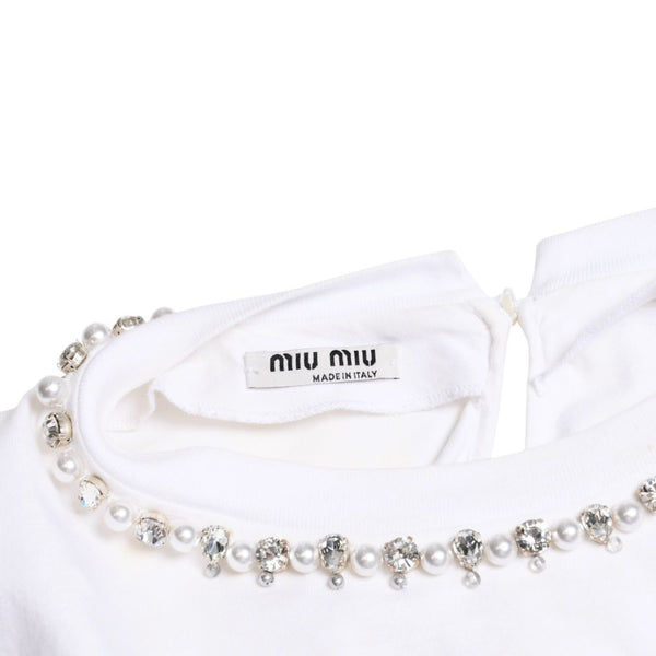 極美品 MIU MIU ミュウミュウ クリスタル クロップド 長袖 Tシャツ MJL816 ストライプ ラインストーン ライトブルー XSサイズ 中古 4a004813