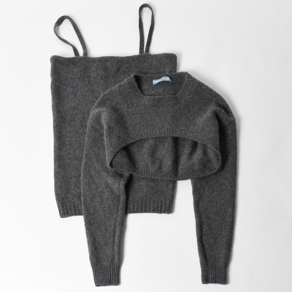 PRADA プラダ Detachable Shrug Camisole Sweater ウールアンサンブルニット 20114 S231 12CW セットアップ ボレロ キャミソール バージンウール カシミヤ グレー 44サイズ 美品 中古 4a004700