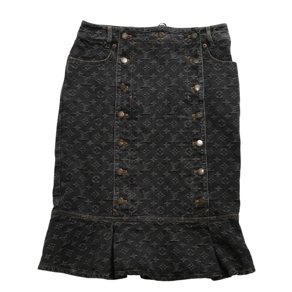 LOUIS VUITTON ルイヴィトン モノグラムデニム マーメイドスカート RW072W ブラック レースアップ 編み上げリボン Sサイズ 美品 中古 4a004814