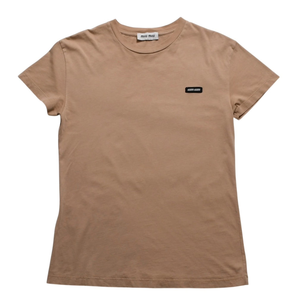 極美品 MIU MIU ミュウミュウ コットン ジャージーTシャツ MJE15 ワッペンロゴ カットソー 半袖Tシャツ カメオ ベージュ XSサイズ 中古 4a005008