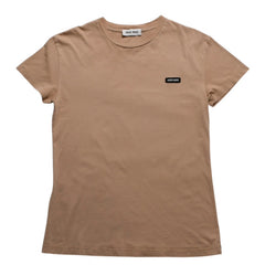 極美品 MIU MIU ミュウミュウ コットン ジャージーTシャツ MJE15 ワッペンロゴ カットソー 半袖Tシャツ カメオ ベージュ XSサイズ 中古 4a005008