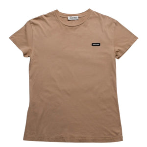 極美品 MIU MIU ミュウミュウ コットン ジャージーTシャツ MJE15 ワッペンロゴ カットソー 半袖Tシャツ カメオ ベージュ XSサイズ 中古 4a005008