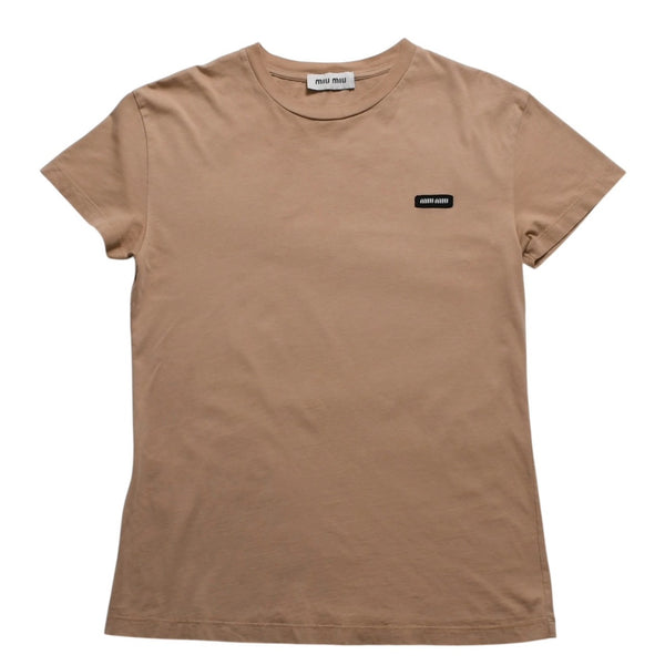 極美品 MIU MIU ミュウミュウ コットン ジャージーTシャツ MJE15 ワッペンロゴ カットソー 半袖Tシャツ カメオ ベージュ XSサイズ 中古 4a005008