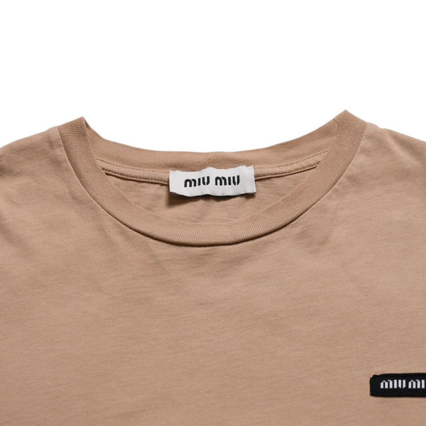 極美品 MIU MIU ミュウミュウ コットン ジャージーTシャツ MJE15 ワッペンロゴ カットソー 半袖Tシャツ カメオ ベージュ XSサイズ 中古 4a005008