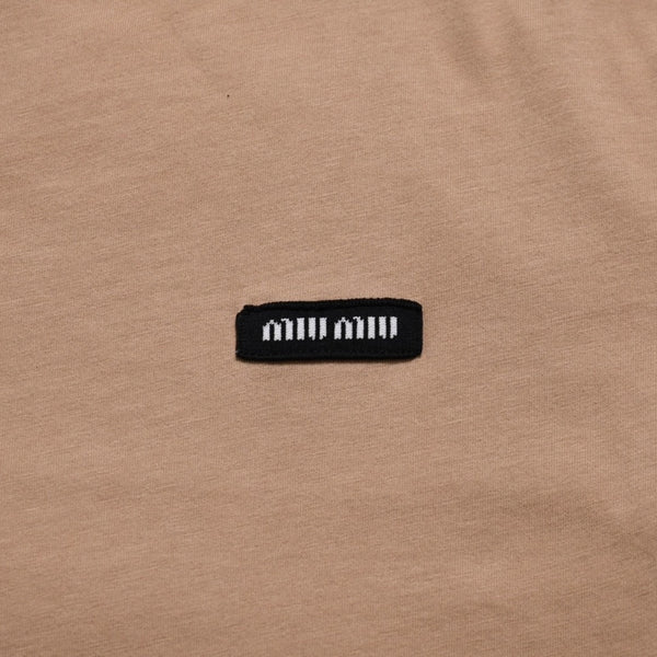 極美品 MIU MIU ミュウミュウ コットン ジャージーTシャツ MJE15 ワッペンロゴ カットソー 半袖Tシャツ カメオ ベージュ XSサイズ 中古 4a005008