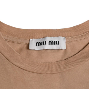極美品 MIU MIU ミュウミュウ コットン ジャージーTシャツ MJE15 ワッペンロゴ カットソー 半袖Tシャツ カメオ ベージュ XSサイズ 中古 4a005008