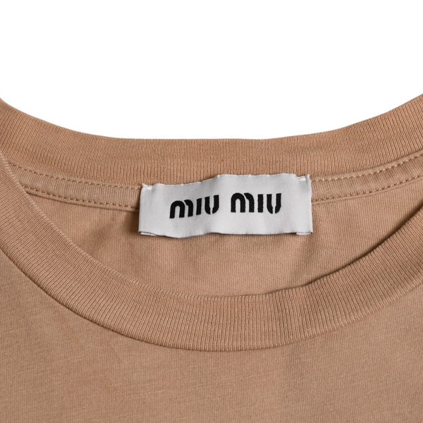 極美品 MIU MIU ミュウミュウ コットン ジャージーTシャツ MJE15 ワッペンロゴ カットソー 半袖Tシャツ カメオ ベージュ XSサイズ 中古 4a005008