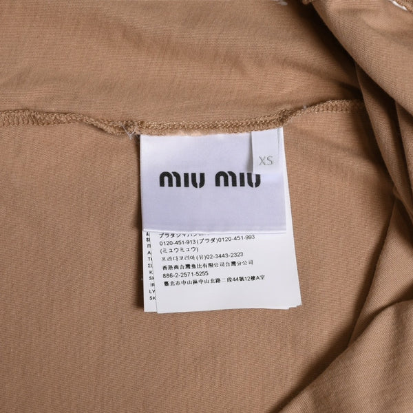 極美品 MIU MIU ミュウミュウ コットン ジャージーTシャツ MJE15 ワッペンロゴ カットソー 半袖Tシャツ カメオ ベージュ XSサイズ 中古 4a005008