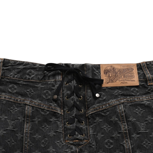 LOUIS VUITTON ルイヴィトン モノグラムデニム マーメイドスカート RW072W ブラック レースアップ 編み上げリボン Sサイズ 美品 中古 4a004814