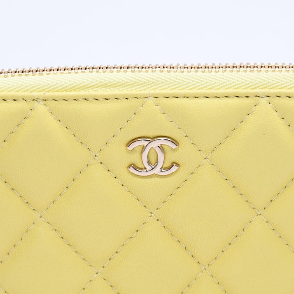極美品 CHANEL シャネル ポーチ Coco Mark ココマーク イエロー ゴールド金具 23番台 ラムスキン 中古 4a004975