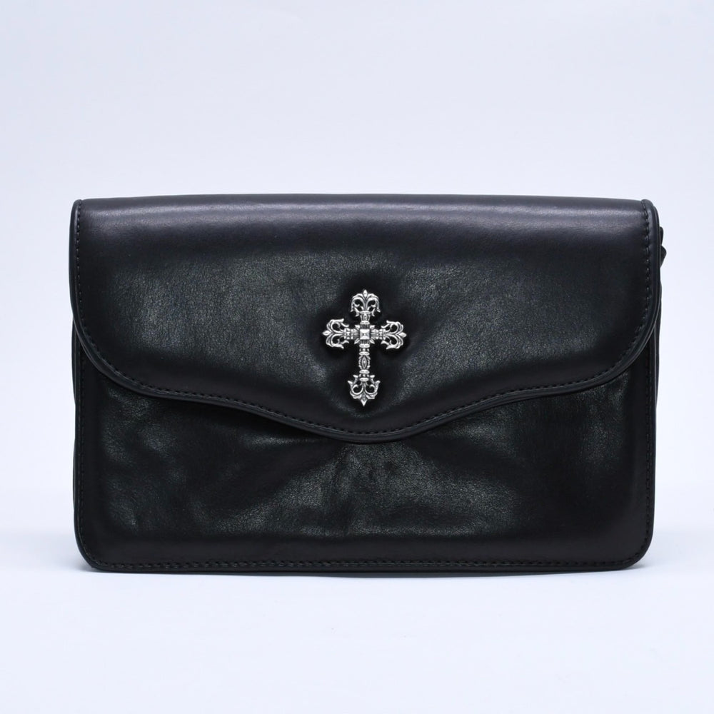 Very Good Condition CHROME HEARTS Clutch Bag Dagger Small Filigree Cross Decoration Black Leather Silver 925 Used 4a004932