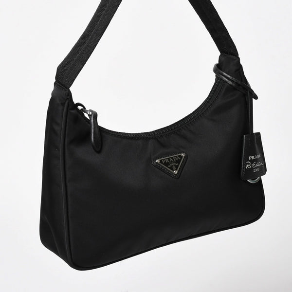 極美品 PRADA プラダ ホーボー ワンショルダーバッグ MV515 トライアングルロゴプレート ナイロン ブラック 中古 4a004858