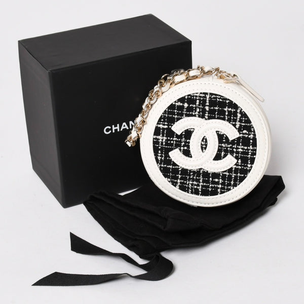 Like new CHANEL round chain pouch here mark random number black white tweed leather silver hardware used 4a004469