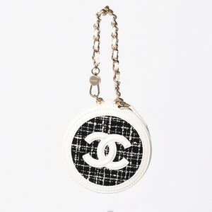 Like new CHANEL round chain pouch here mark random number black white tweed leather silver hardware used 4a004469