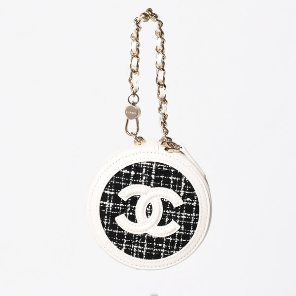 Like new CHANEL round chain pouch here mark random number black white tweed leather silver hardware used 4a004469