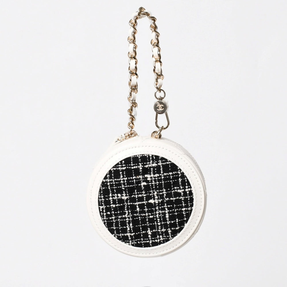 Like new CHANEL round chain pouch here mark random number black white tweed leather silver hardware used 4a004469