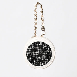 Like new CHANEL round chain pouch here mark random number black white tweed leather silver hardware used 4a004469