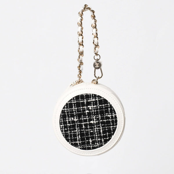 Like new CHANEL round chain pouch here mark random number black white tweed leather silver hardware used 4a004469