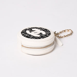 Like new CHANEL round chain pouch here mark random number black white tweed leather silver hardware used 4a004469
