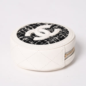 Like new CHANEL round chain pouch here mark random number black white tweed leather silver hardware used 4a004469