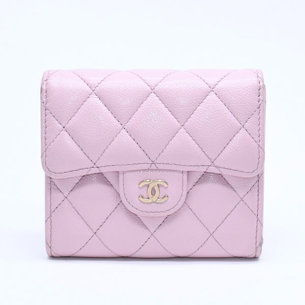 CHANEL Compact Wallet Trifold Wallet Random Number Coco Mark Caviar Skin Pink Gold Hardware Good Condition Used 4a005095