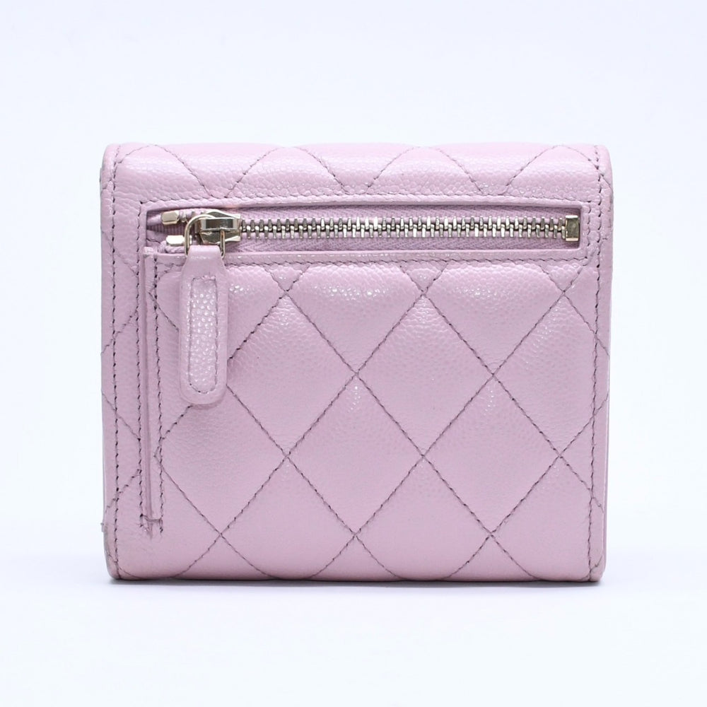 CHANEL シャネル コンパクトウォレット 三つ折り財布 ランダム番台 ココマーク キャビアスキン ピンク ゴールド金具 美品 中古 4a005095
