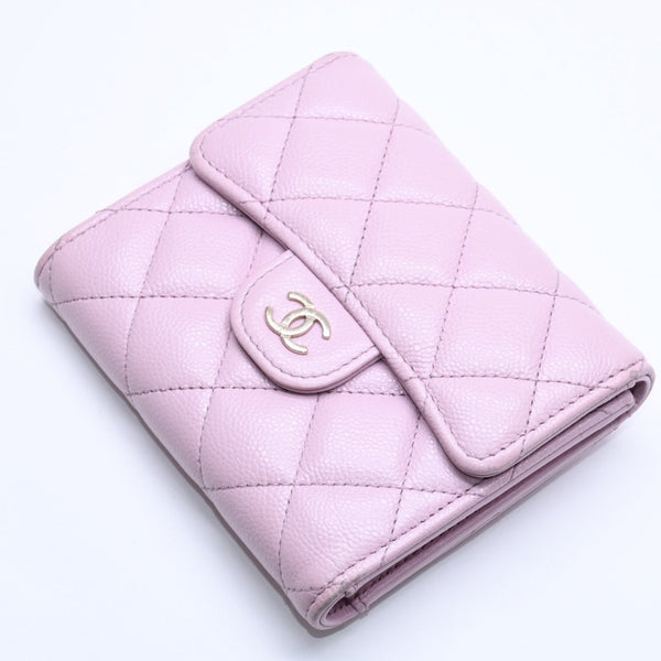 CHANEL Compact Wallet Trifold Wallet Random Number Coco Mark Caviar Skin Pink Gold Hardware Good Condition Used 4a005095