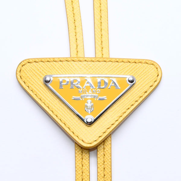 極美品 PRADA プラダ ネクタイ ループタイ 三角ロゴ 三角プレート サフィアーノレザー イエロー シルバー金具 中古 4a005059