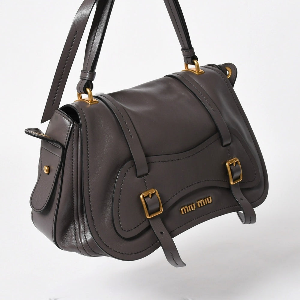 極美品 MIU MIU ミュウミュウ グレースルックス ショルダーバッグ 5BN088 カーフレザー スモークグレー ハンドバッグ ゴールド金具 中古 4a005275
