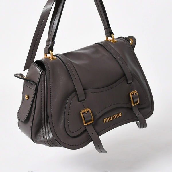 Very Good Condition MIU MIU Grace Looks Shoulder Bag 5BN088 Calf Leather Smoke Gray Handbag Gold Hardware Used 4a005275