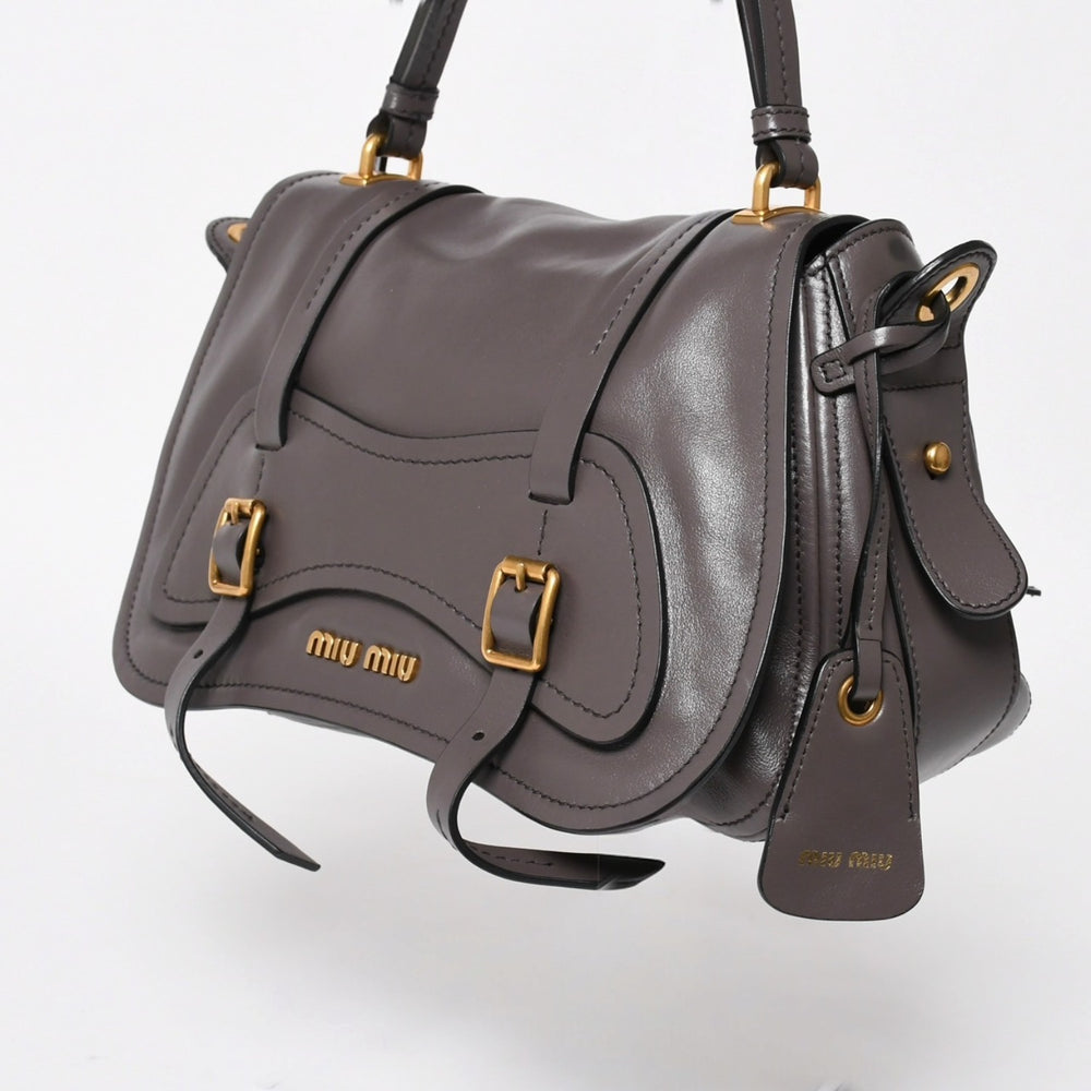 極美品 MIU MIU ミュウミュウ グレースルックス ショルダーバッグ 5BN088 カーフレザー スモークグレー ハンドバッグ ゴールド金具 中古 4a005275
