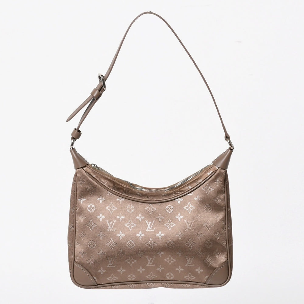 Very Good Condition LOUIS VUITTON Monogram Satin Little Boulogne Shoulder Bag M92143 Beige Satin Fabric Leather Silver Hardware Used 4a005263