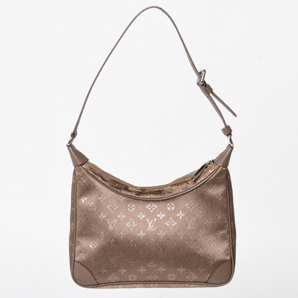 Very Good Condition LOUIS VUITTON Monogram Satin Little Boulogne Shoulder Bag M92143 Beige Satin Fabric Leather Silver Hardware Used 4a005263