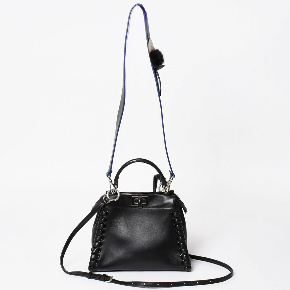 FENDI フェンディ ミニピーカブー ハンドバッグ 8BN244 ショルダーバッグ レースアップ ブラック ブルー シルバー金具 美品 中古 4a005336