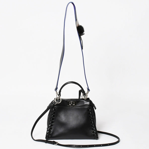 FENDI フェンディ ミニピーカブー ハンドバッグ 8BN244 ショルダーバッグ レースアップ ブラック ブルー シルバー金具 美品 中古 4a005336