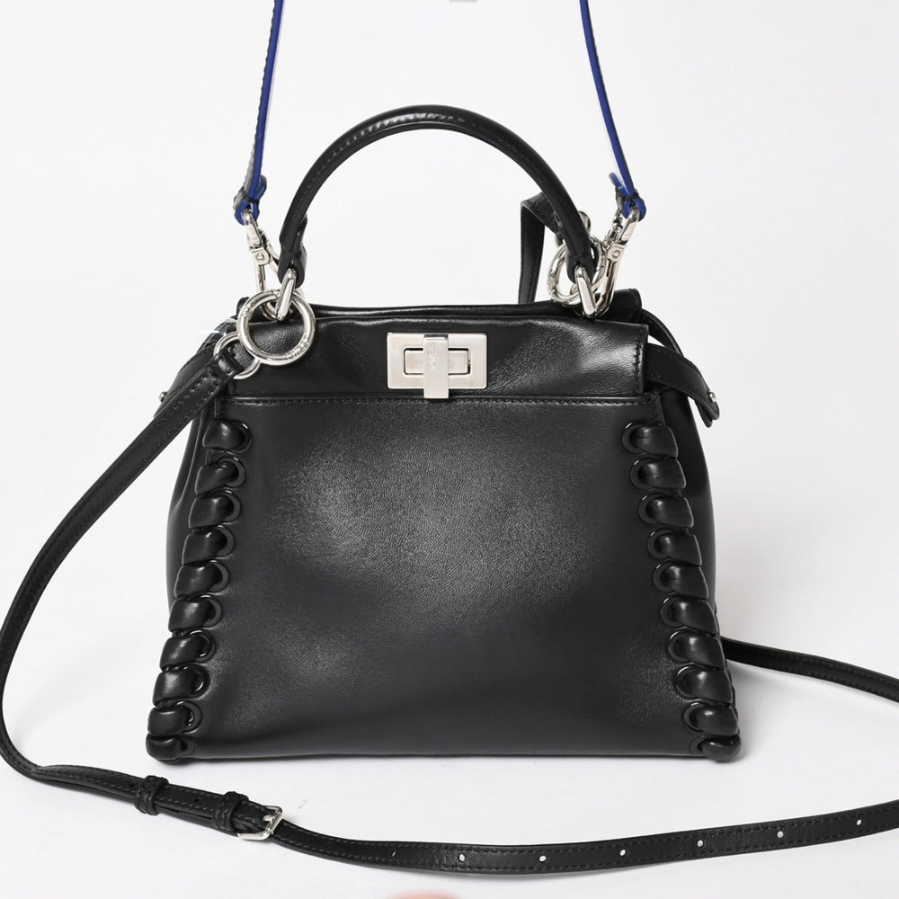 FENDI フェンディ ミニピーカブー ハンドバッグ 8BN244 ショルダーバッグ レースアップ ブラック ブルー シルバー金具 美品 中古 4a005336