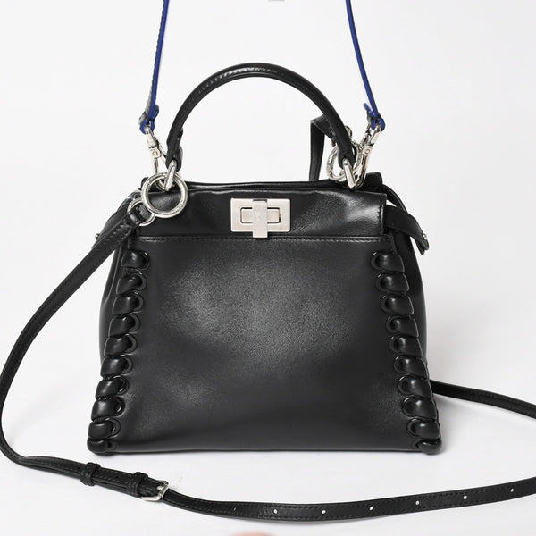 FENDI フェンディ ミニピーカブー ハンドバッグ 8BN244 ショルダーバッグ レースアップ ブラック ブルー シルバー金具 美品 中古 4a005336