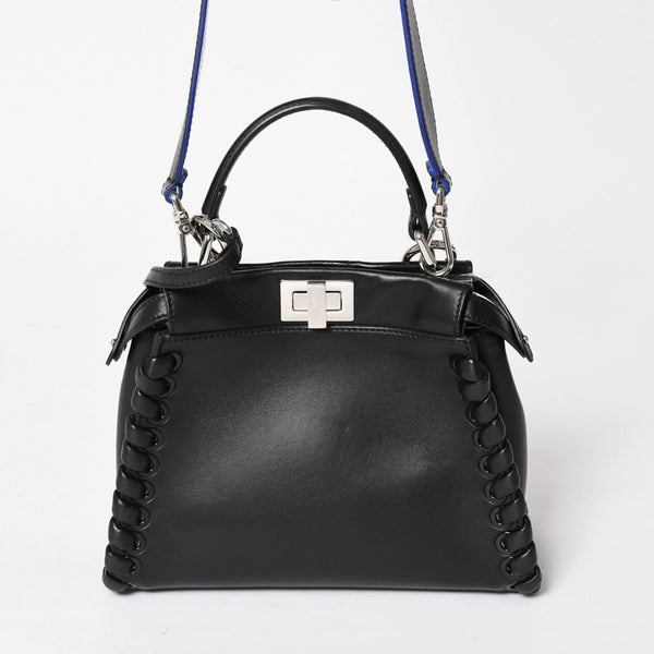 FENDI フェンディ ミニピーカブー ハンドバッグ 8BN244 ショルダーバッグ レースアップ ブラック ブルー シルバー金具 美品 中古 4a005336