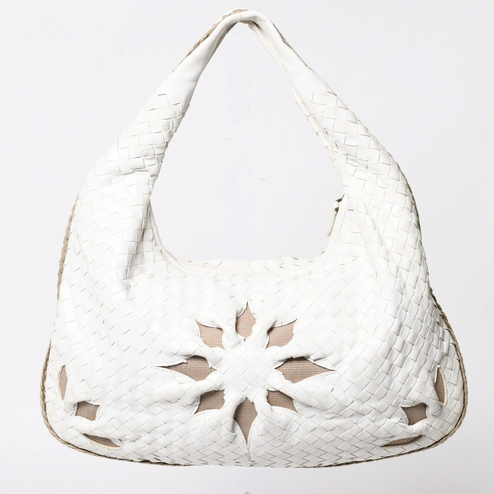 極美品 BOTTEGA VENETA ボッテガヴェネタ ホーボー ハンドバッグ ショルダーバッグ イントレチャート ホワイト アイボリー 中古 4a004834