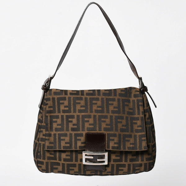 FENDI フェンディ ズッカ柄 マンマバケット ショルダーバッグ 26325 キャンバス レザー ブラウン FFバックル シルバー金具 美品 中古 4a005256
