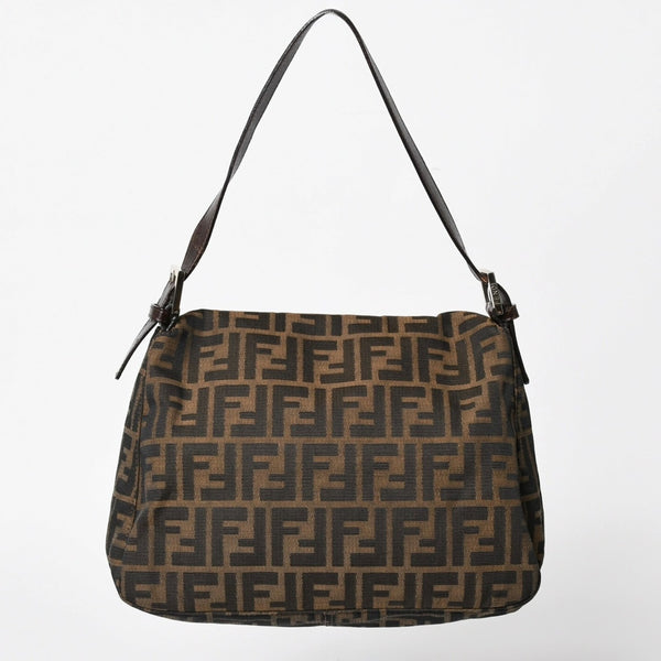 FENDI フェンディ ズッカ柄 マンマバケット ショルダーバッグ 26325 キャンバス レザー ブラウン FFバックル シルバー金具 美品 中古 4a005256