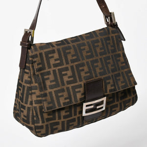 FENDI フェンディ ズッカ柄 マンマバケット ショルダーバッグ 26325 キャンバス レザー ブラウン FFバックル シルバー金具 美品 中古 4a005256