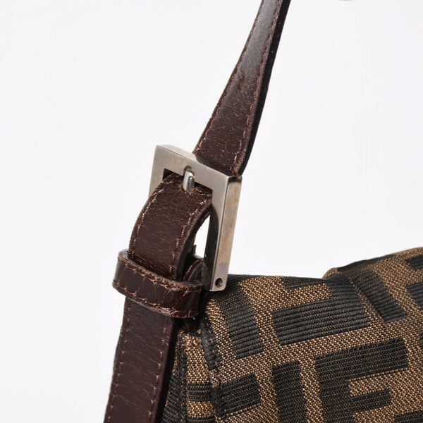 FENDI フェンディ ズッカ柄 マンマバケット ショルダーバッグ 26325 キャンバス レザー ブラウン FFバックル シルバー金具 美品 中古 4a005256