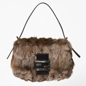 極美品 FENDI フェンディ マンマバケット ハンドバッグ 8BR180 ファー レザー ブラウン ヴィンテージ シルバー金具 中古 4a005277