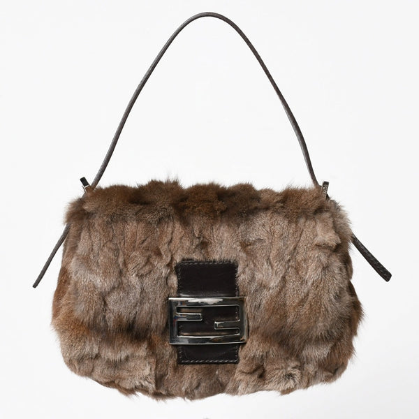 極美品 FENDI フェンディ マンマバケット ハンドバッグ 8BR180 ファー レザー ブラウン ヴィンテージ シルバー金具 中古 4a005277